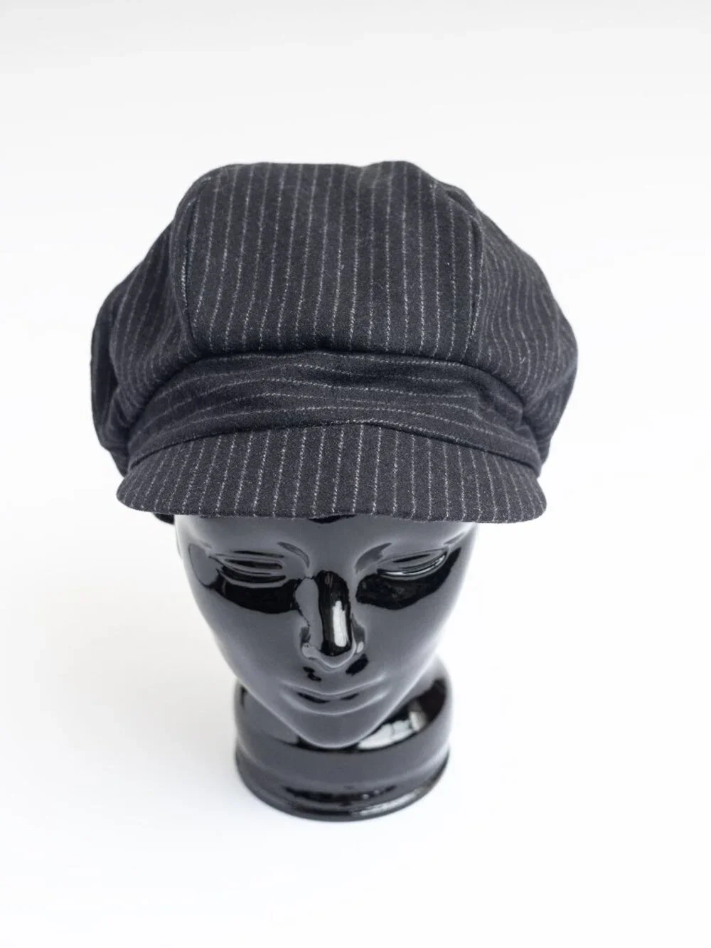Upcycled Black Pinstripe Wool Newsboy Cabbie Paperboy Hat